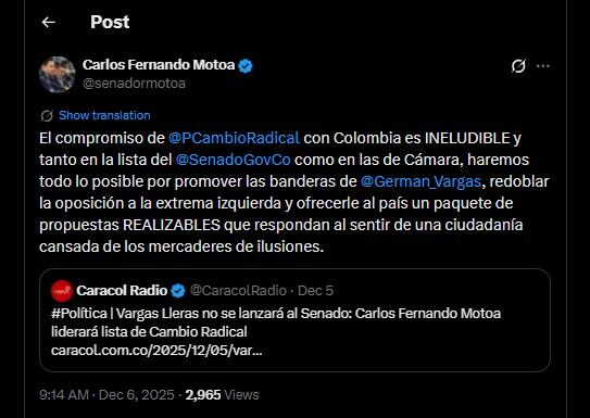 Carlos Fernando Motoa habló en otro mensaje del compromiso de su partido de cara al siguiente Congreso de Colombia - crédito @senadormotoa