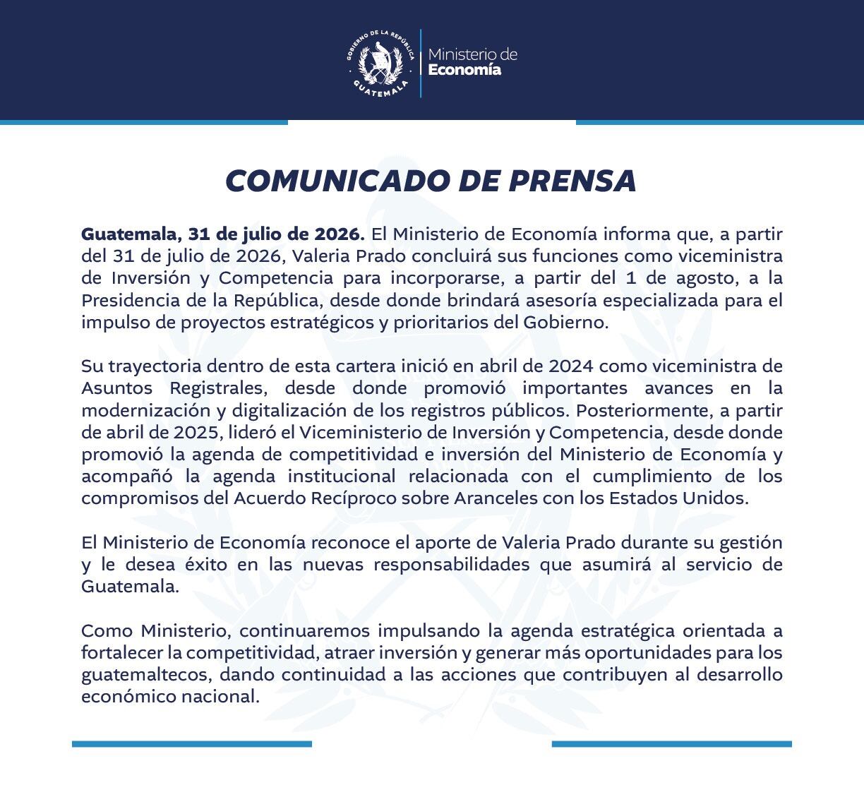 El Ministerio de Economía informó que Valeria Prado se incorporará desde el 1 de agosto a la Presidencia de la República como asesora en proyectos estratégicos y prioritarios. (MINECO)