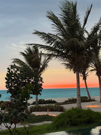 Vista de un vibrante atardecer naranja y azul sobre el océano, con una playa de arena clara y varias palmeras y vegetación verde en primer plano