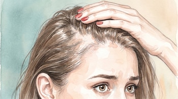 Ilustración de acuarela de la cabeza y mano de una mujer joven. La mano con uñas rojas presiona el cuero cabelludo, que tiene parches de calvicie y cabello ralo.