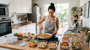 Una mujer en una cocina revuelve comida en una sartén frente a recipientes de vidrio con verduras y vegetales cortados.