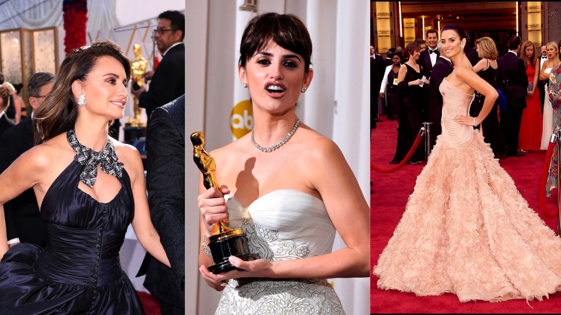 Los diferentes vestidos de Penélope Cruz en los Oscar en 2022, 2009 y 2007 (Reuters / EFE)