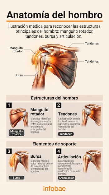 Ilustración de la anatomía del hombro con esquemas del manguito rotador, tendones, bursa y articulación.
