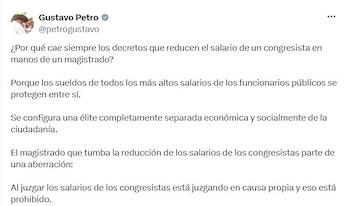 El presidente Gustavo Petro calificó como una “aberración” la suspensión de la reducción del salario de los congresistas en Colombia - crédito @petrogustavo/X