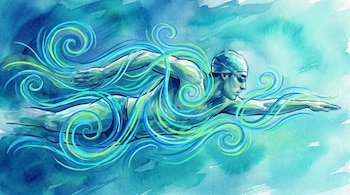 Ilustración digital acuarela de un nadador de perfil con gorro y gafas, avanzando en el agua. Espirales de líneas azules y verdes lo rodean sobre un fondo degradado.