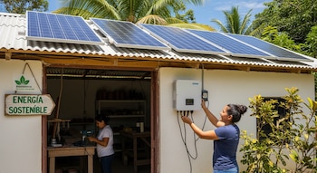 Cuatro paneles solares en un techo de chapa; una mujer de perfil conecta cables a un inversor en la pared; otra mujer trabaja en un taller; cartel "Energía Sostenible".