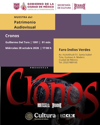 Cartel con bloques de color amarillo y morado, datos de la función de cine, logotipos institucionales y la imagen promocional de la cinta Cronos