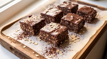 Seis turrones cuadrados de avena y chocolate sobre papel manteca en una bandeja de madera. Tienen cobertura de chocolate, copos de avena y cacao en polvo.