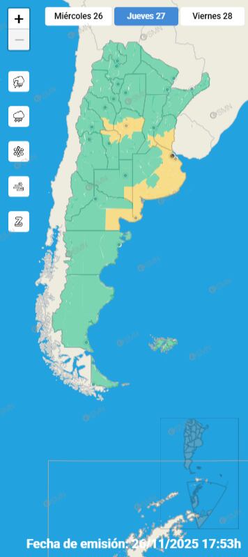 El Servicio Meteorológico Nacional mantiene alerta amarilla por tormentas en Buenos Aires y otras ocho provincias argentinas
