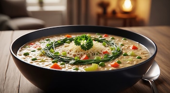 Plato hondo negro con sopa cremosa de avena y verduras: guisantes, zanahorias y apio. Decorado con queso rallado, cebollino y perejil, sobre mesa de madera.