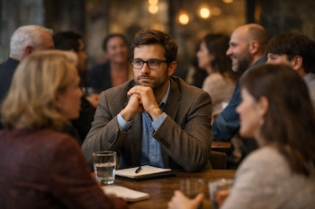 Hombre con barba, gafas y chaqueta marrón, sentado en mesa de madera. Frente a él, cuaderno, bolígrafo y vaso de agua. Varias personas borrosas lo rodean.