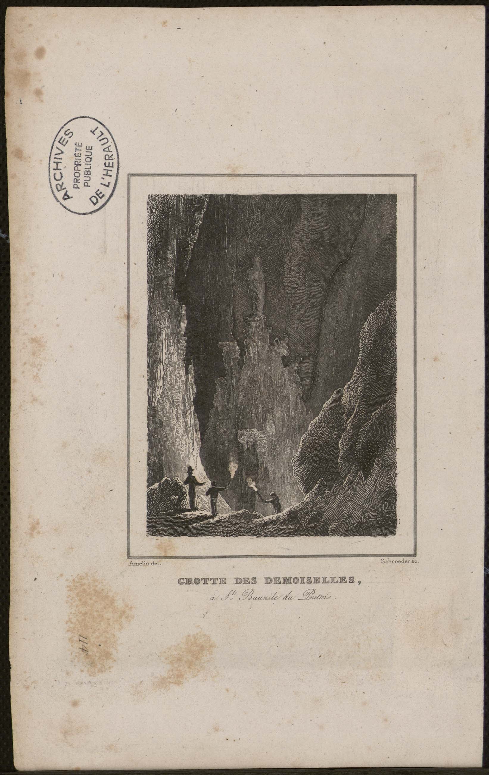 Estampa de la Gruta de las Señoritas de 1836 en Saint-Bauzille-de-Putois. (Amelin del. Schroeder)