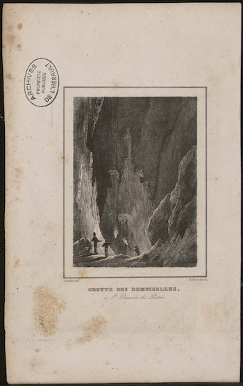 Estampa de la Gruta de las Señoritas de 1836 en Saint-Bauzille-de-Putois. (Amelin del. Schroeder)