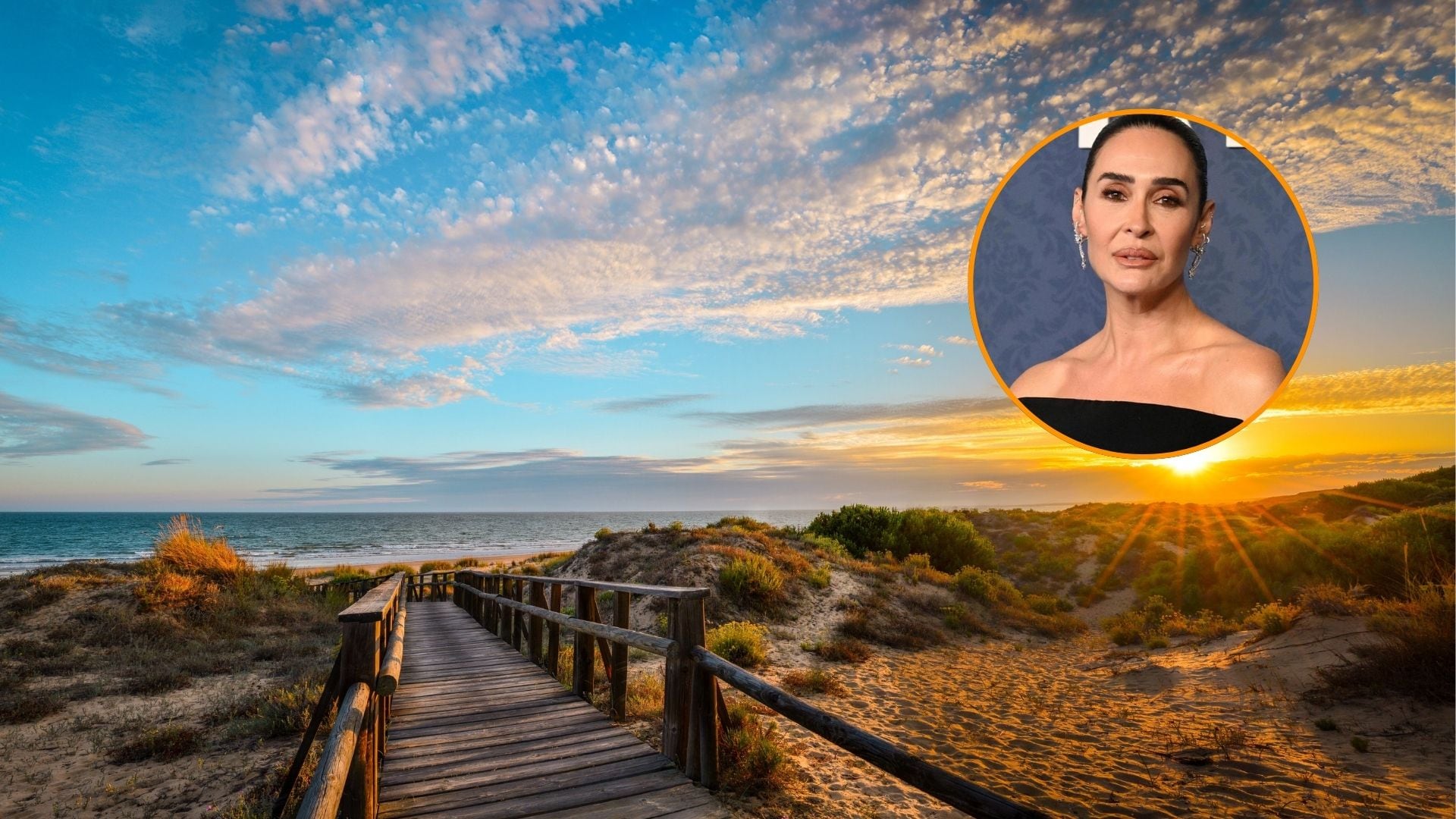 Playa de Punta Umbría, Huelva, y Vicky Martín Berrocal (MONTAJE INFOBAE).