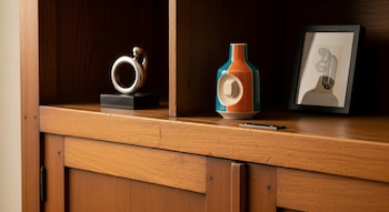 Primer plano de un gabinete de madera antiguo, mostrando marcas del tiempo, con un adorno plateado, un jarrón geométrico y un cuadro abstracto enmarcado en su estante.