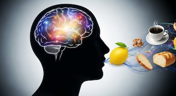 Silueta negra de una cabeza humana de perfil con un cerebro brillante y colorido. Un limón, café humeante, pan y nueces emergen del rostro.