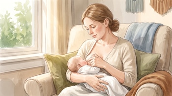 Ilustración de una mujer sentada en un sillón amamantando a un bebé envuelto en una manta blanca.
