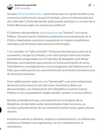 El exministro Guillermo Jaramillo se defendió y respaldó las acciones del gobierno anterior en favor de la fuerza pública - crédito @GA_Jaramillo/X