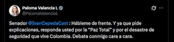 Respuesta de Paloma Valencia a Iván Cepeda - crédito @PalomaValenciaL/X