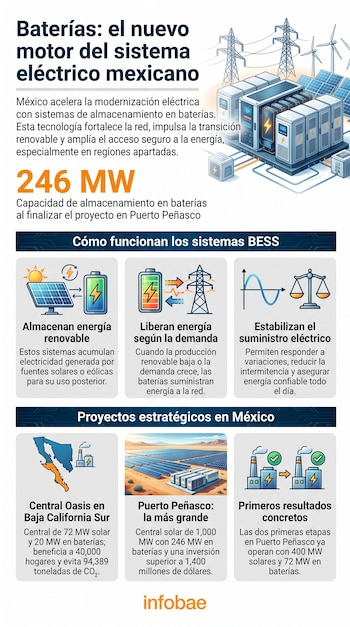Infografía con título, texto explicativo, datos numéricos. Ilustraciones de paneles solares, baterías, turbinas eólicas, torres eléctricas. Mapa.