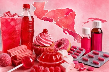 Dulces, galletas, pastelillos, gelatina, bebidas y medicamentos de color rojo frente a un mapa de América Central.