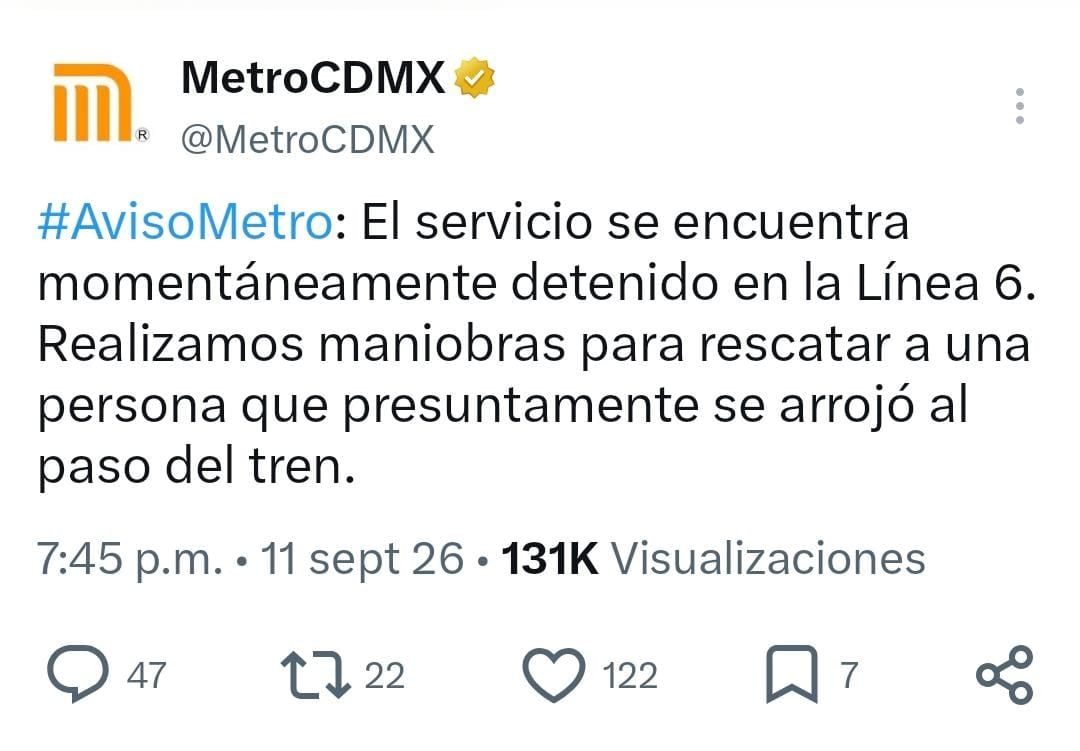 Un mensaje publicado en X por la cuenta oficial del Metro de Ciudad de México informa sobre la interrupción del servicio en la Línea 6 debido a labores de rescate en las vías. (X)