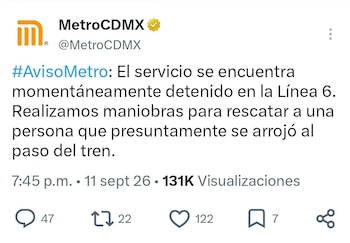 Captura de pantalla de una publicación en X de la cuenta MetroCDMX sobre la suspensión del servicio en la Línea 6