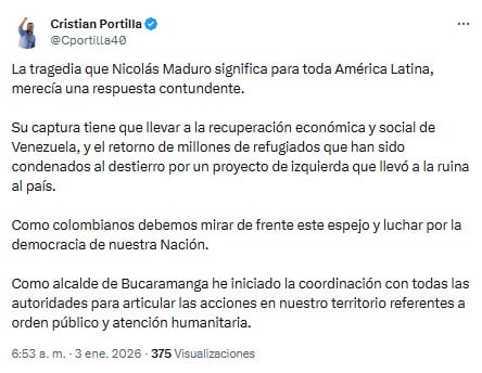 Alcalde de Bucaramanga sobre situación de Venezuela - crédito @Cportilla40/X