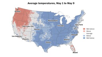Gran parte del país ha experimentado temperaturas inferiores a la media a principios de mayo. (Ben Noll/The Washington Post; fuente de datos: PRISM/Universidad Estatal de Oregón)