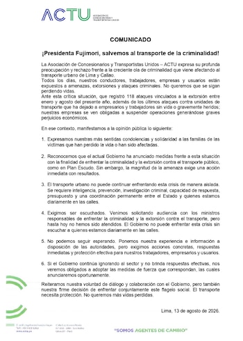 El gremio reclamó ser incluido en las estrategias de seguridad y aseguró que ha solicitado reuniones con ministros responsables de enfrentar la criminalidad, sin obtener una respuesta favorable - Créditos: ACTU.