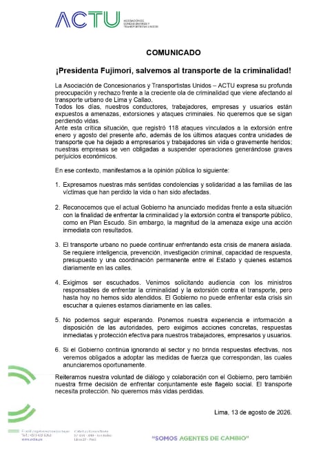 El gremio reclamó ser incluido en las estrategias de seguridad y aseguró que ha solicitado reuniones con ministros responsables de enfrentar la criminalidad, sin obtener una respuesta favorable - Créditos: ACTU.