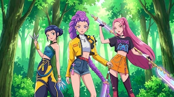 Ilustración de tres jóvenes Guerreras Kpop en un bosque. La primera sostiene shurikens, la del centro una espada y la de la derecha un bastón, con atuendos variados.