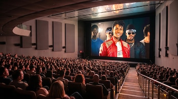 Vista trasera de una sala de cine grande y moderna, llena de espectadores mirando una pantalla enorme que proyecta una imagen de Michael Jackson con chaqueta roja.