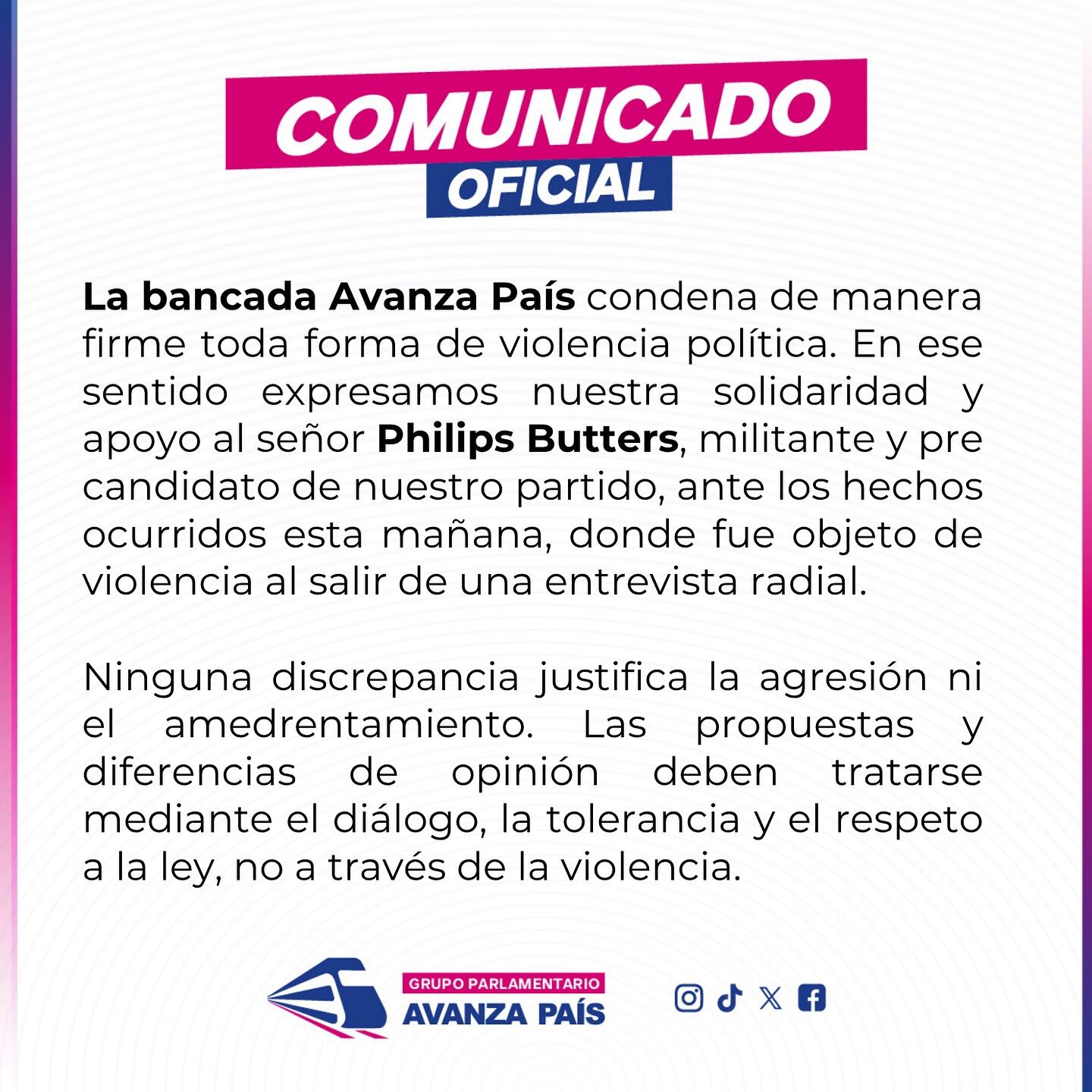 Avanza País condena ataque contra Phillip Butters en Juliaca y llama al diálogo y la tolerancia. (Foto: X/@Avanza País)