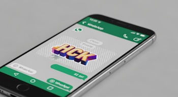 Primer plano de un smartphone moderno mostrando la aplicación WhatsApp. En la pantalla, un sticker 3D de la palabra 'HCK' con colores vibrantes en un chat.