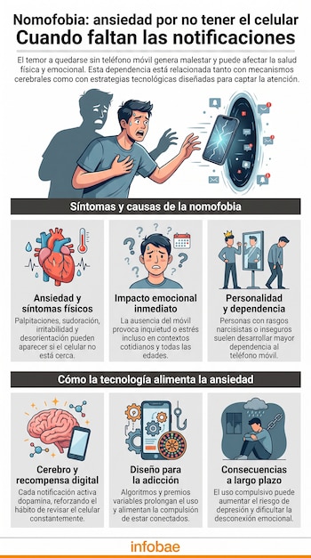 Infografía muestra un hombre ansioso sin su celular, gráficos de corazón, cerebro, calendario, personas, eslabones de cadena y texto sobre nomofobia e Infobae.