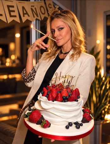 Una mujer con chaqueta clara sostiene un pastel blanco con fresas y arándanos, y lleva una vela encendida en la mano