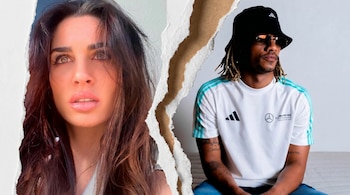Composición dividida: a la izquierda, el rostro de una mujer de cabello oscuro; a la derecha, un hombre con sombrero, gafas y rastas, separados por un papel rasgado.