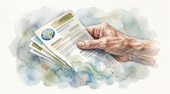 Ilustración acuarelada de una mano de adulto mayor sosteniendo certificados bancarios con el logo de COSAVI, que se disuelven en manchas de color.