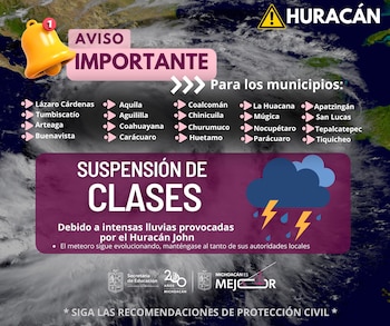 Con motivo a las severas lluvias tropicales, Michoacán alertó a ciertas municipalidades por la suspensión de actividades.