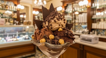 Una copa de vidrio contiene tres bolas de gelato, decoradas con láminas, virutas de chocolate y avellanas, sobre el fondo difuso de una heladería.