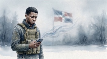 Ilustración en acuarela de un hombre con chaleco táctico y un teléfono móvil, con la bandera de República Dominicana en un fondo de niebla.