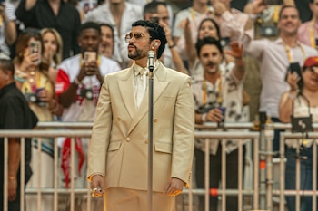 El cantante Bad Bunny actúa durante un concierto, en el Riyadh Air Metropolitano, a 30 de mayo de 2026, en Madrid.