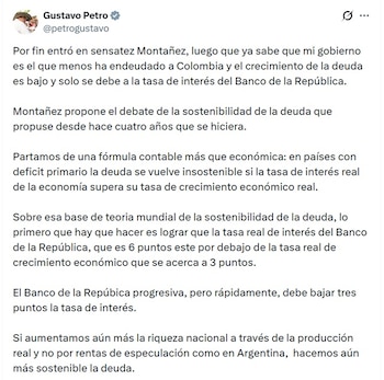 Gustavo Petro, presidente de Colombia, aseguró que el Banco de la República debe bajar 3 puntos porcentuales la tasa de interés - crédito @PetroGustavo/X