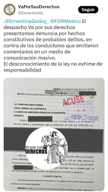 Captura de pantalla de un tuit de Va por sus Derechos, un documento judicial parcial con sello "Acuse Recibido" y fecha 10 JUL 2026, y el logo