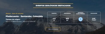 Sismo de magnitud 2.5 MLr a 153 km de profundidad en Piedecuesta - Santander, Colombia - Servicio Geológico Colombiano/X