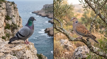 Composición dividida con una paloma gris sobre una roca caliza frente al mar a la izquierda y una tórtola sobre una rama a la derecha.