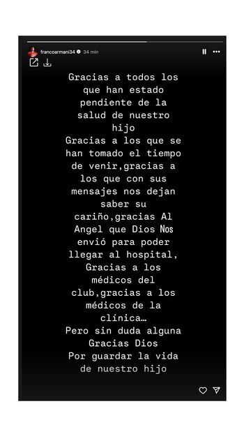 El mensaje de Franco Armani sobre la salud de su hijo
