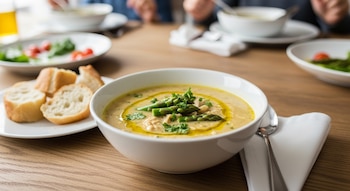 Un cuenco de sopa con espárragos, perejil y aceite en una mesa de madera con rebanadas de pan, una servilleta, una cuchara y platos borrosos con personas.