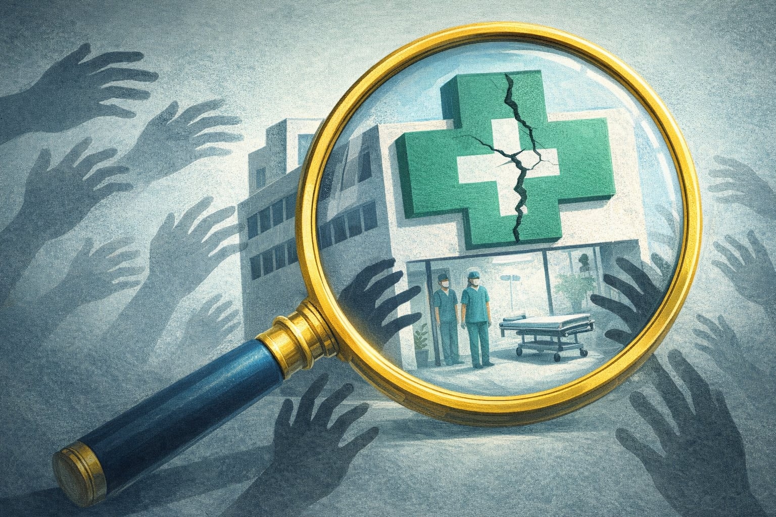 Una ilustración muestra una gran lupa oficial enfocando la fachada de una clínica privada con un logo de cruz verde agrietada, revelando figuras médicas y una camilla, bajo la sombra de manos que imploran justicia. (Imagen Ilustrativa Infobae)